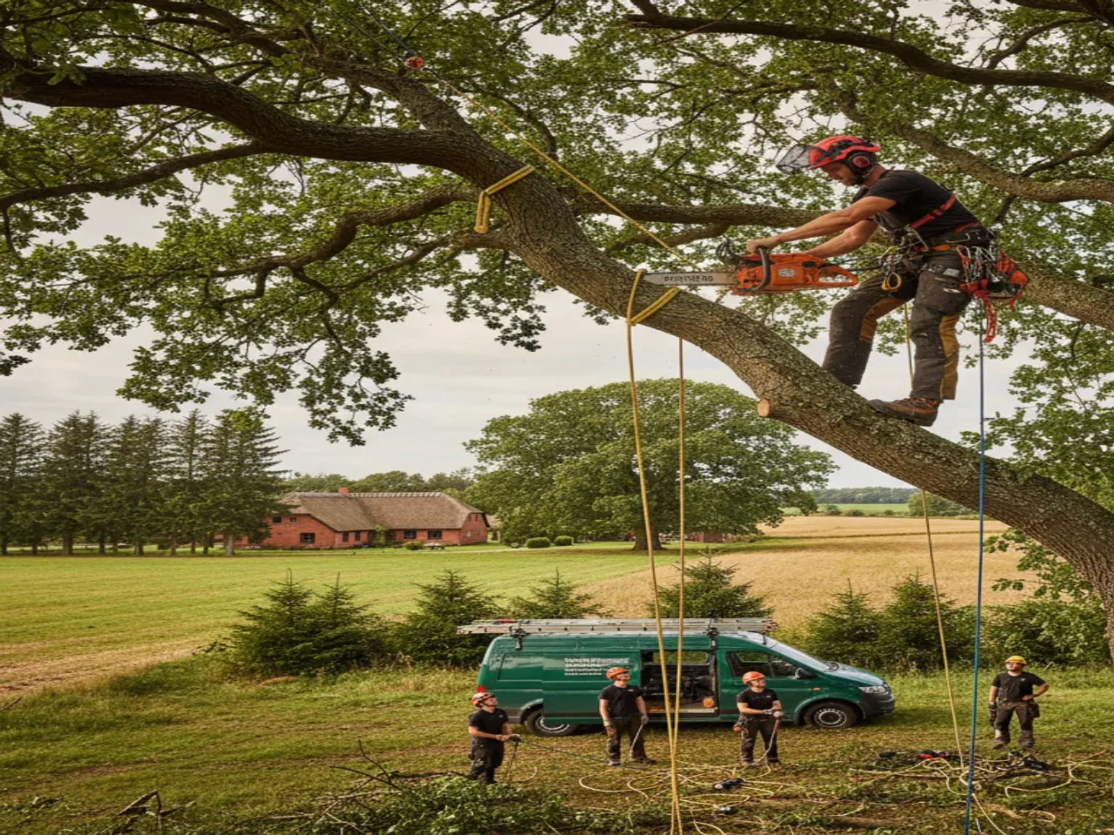 Erfaren arborist i gang med træfældning i Holstebro